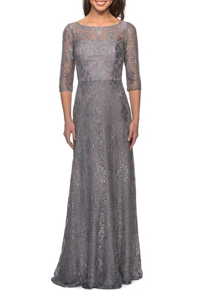 Shop La Femme Lace A-line Gown In Platinum