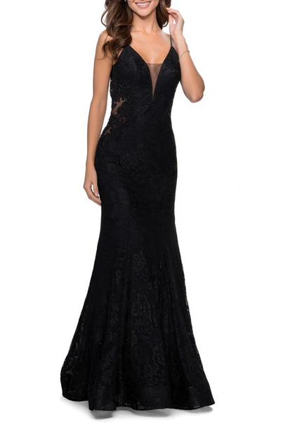 Shop La Femme Sleeveless Lace Mermaid Gown In Black