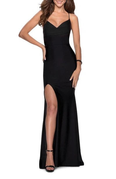 Shop La Femme Jersey Column Gown In Black