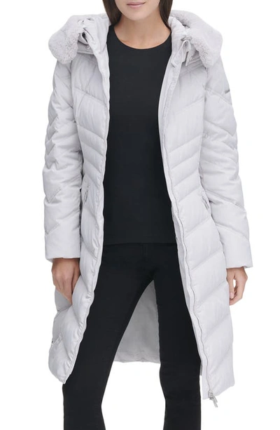 Shop Karl Lagerfeld Water Resistant Down & Feather Puffer Coat With Faux Fur Trim Hood In Silver
