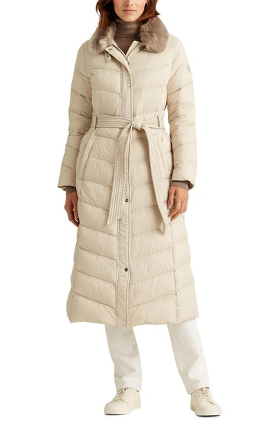 Shop Lauren Ralph Lauren Belted Long Down Coat With Faux Fur Collar In Lt Biege
