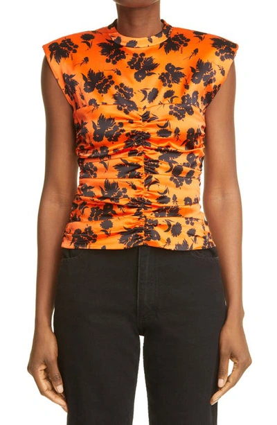 Shop Ganni Floral Print Ruched Stretch Silk Satin Sleeveless Top In Flame