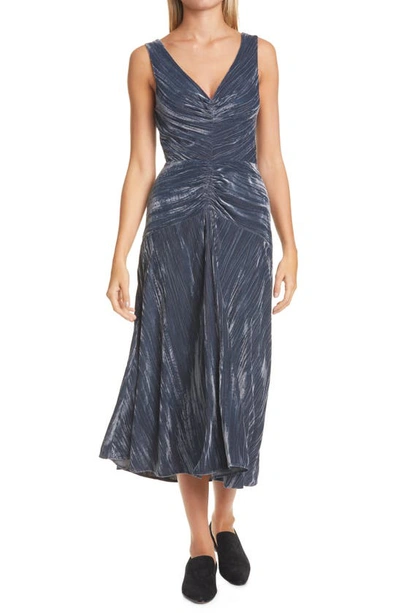 Shop Vince Ruched Textured Velvet Sleeveless Dress In Azure