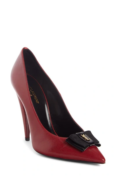 Shop Saint Laurent Anais Ysl Bow Pointed Toe Pump In Opyum Red/ Nero/ Nero