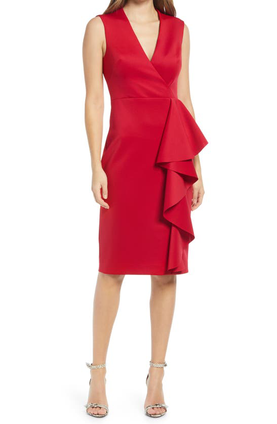 Eliza J Ruffle Sleeveless Body Con Cocktail Dress In Red Modesens