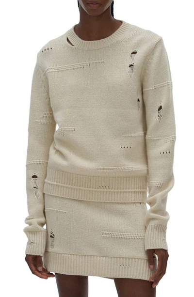 Shop Helmut Lang Distressed Wool Blend Crewneck Sweater In Powdered Ecru