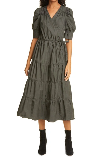 Shop Birgitte Herskind Grith Tiered Organic Cotton Wrap Dress In Army