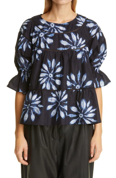 Shop Merlette Sol Tiered Pima Cotton Top In Navy / Floral Print