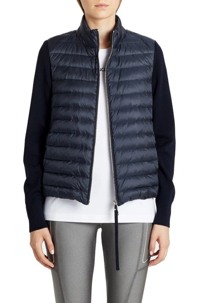 Shop Moncler Quilted Down & Wool Short Cardigan In Navy