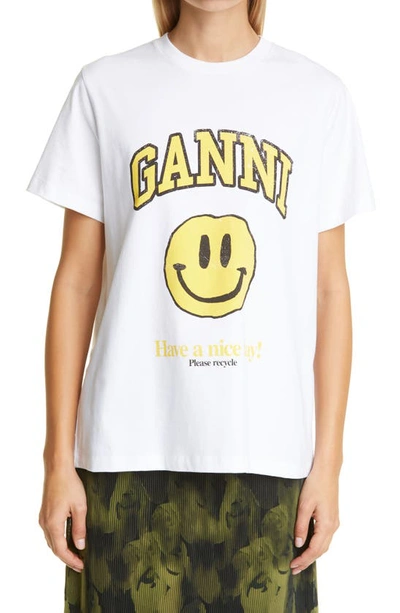 Shop Ganni Oversize Smiley Face Logo T-shirt In Bright White