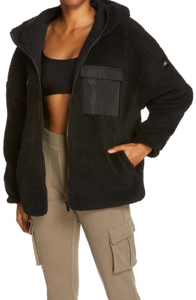 Shop Alo Yoga Chill Faux Fur Full Zip Jacket In Black