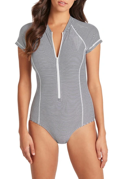 Shop Sea Level Short Sleeve Front Zip One-piece Swimsuit In Night Sky