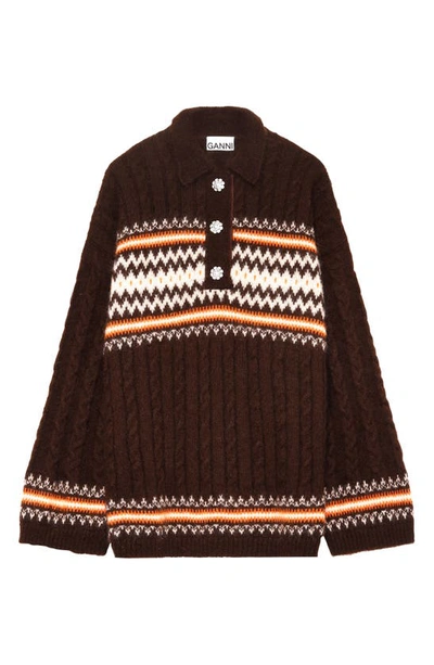 Shop Ganni Fair Isle Polo Sweater In Mole