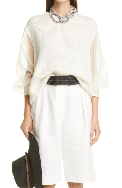 Shop Brunello Cucinelli Sheer Sleeve Rib Cashmere Sweater In Pearl Grey