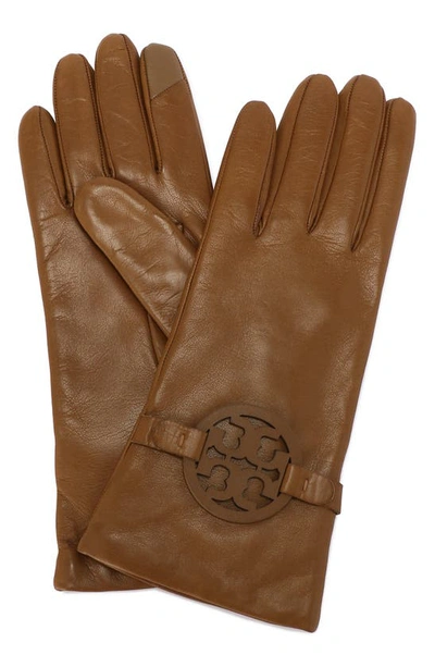 Shop Tory Burch Miller T-logo Leather Gloves In Moose