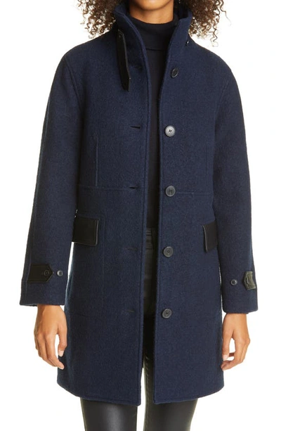 Shop Club Monaco Leather Trim Wool Coat In Navy
