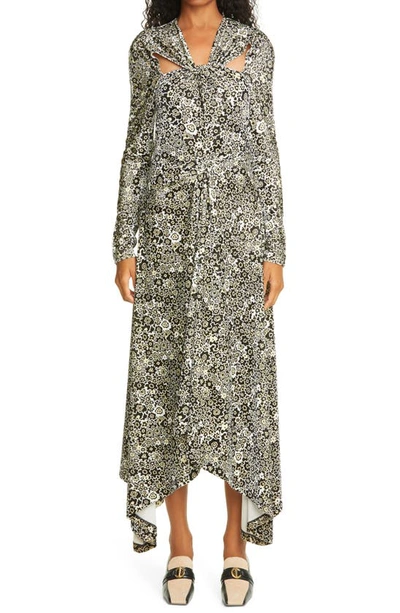 Shop Rosetta Getty Floral Twist Front Asymmetrical Long Sleeve Velvet Dress In Multi