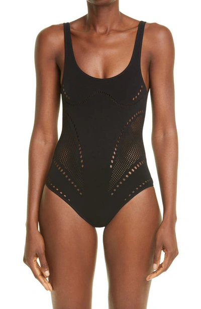 Shop Stella Mccartney Stellawear Perforated One-piece Swimsuit In Black