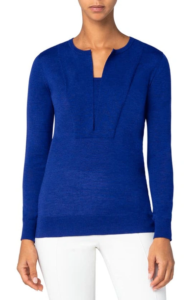Shop Akris Punto Split Neck Merino Wool Sweater In Blue