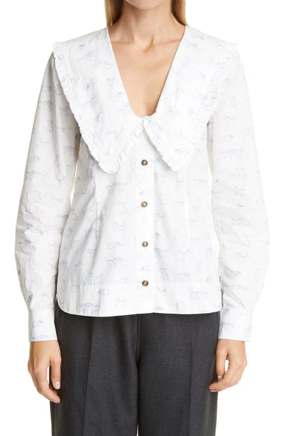 Shop Ganni Ruffle Collar Print Cotton Poplin Shirt In Bright White