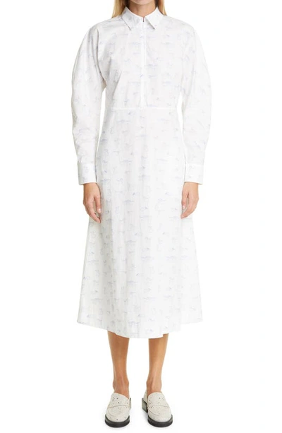 Shop Ganni Print Long Sleeveorganic Cotton Poplin Midi Dress In Bright White