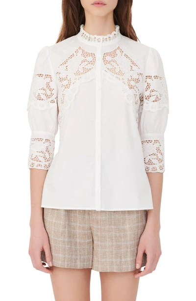 Shop Maje Cebella Embroidered Lace Button-up Shirt In White