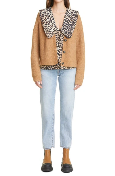 Shop Ganni Ruffle Collar Print Cotton Poplin Shirt In Leopard