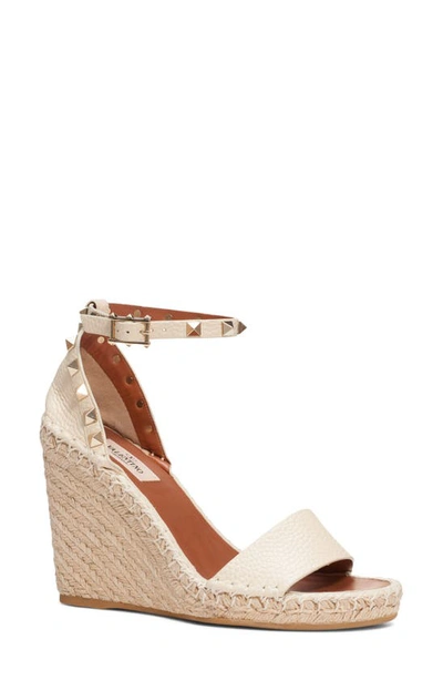 Shop Valentino Rockstud Ankle Strap Espadrille Wedge In Light Ivory/ Light Cuire