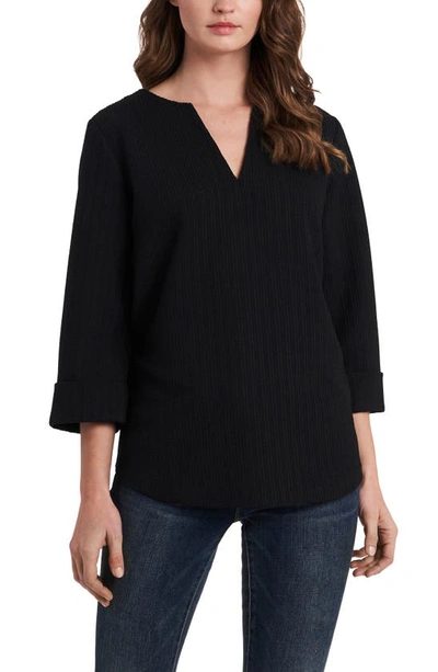 Shop Vince Camuto Textured Knit Split Neck Top In Rich Black