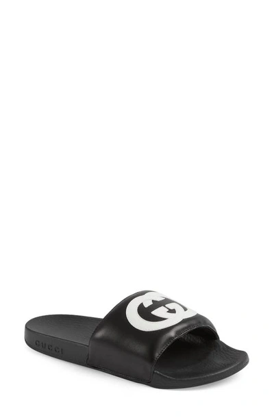 Shop Gucci Pursuit Logo Slide Sandal In Black/ White