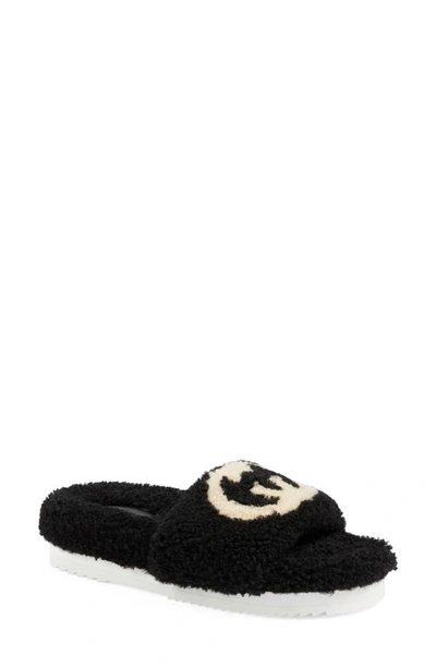 Shop Gucci Eileen Logo Genuine Shearling Slide Sandal In Black/ Butterscotch