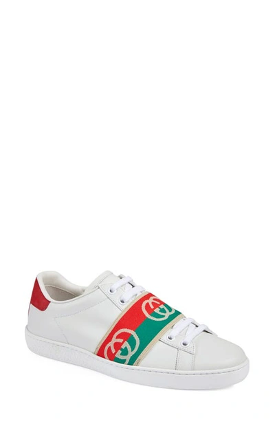 Shop Gucci Ace Logo Band Sneaker In White/ Green/ Red