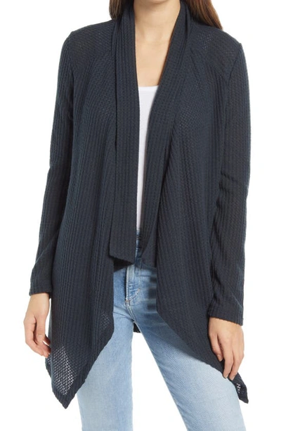 Shop Bobeau Waffle Knit Drape Front Cardigan In Charcoal