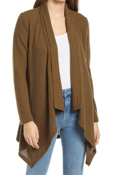 Shop Bobeau Waffle Knit Drape Front Cardigan In Dk. Olive