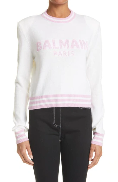 Shop Balmain Intarsia Logo Wool & Cashmere Blend Crop Sweater In Blanc/ Rose