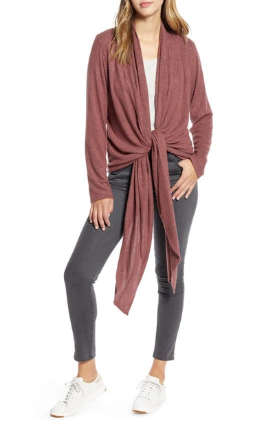 Loveappella Drape Tie Front Cardigan In Raisin