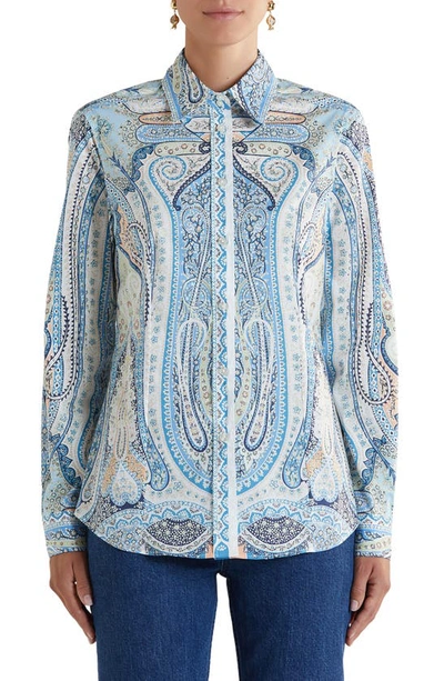 Shop Etro Camicia Paisley Print Stretch Cotton Shirt In Light Blue