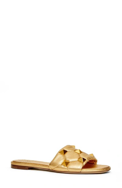 Shop Valentino Roman Stud Matelassé Slide Sandal In Antique Brass