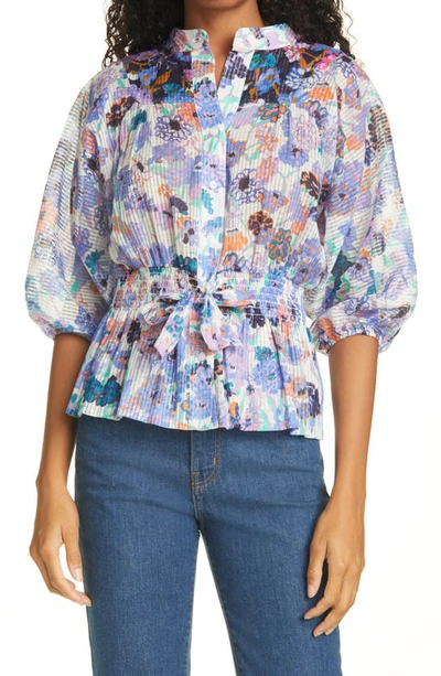 Shop Tanya Taylor Otis Floral Cotton Blouse In Mixed Meadow Ivory/ Navy