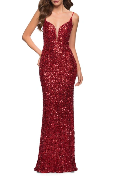 Shop La Femme Deep V-neck Sequin Gown In Red