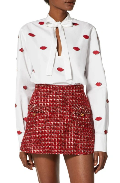 Shop Valentino Sequin Lip Applique Cotton Poplin Shirt In White/ Red