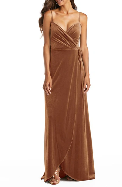 Shop After Six Velvet Wrap Gown In Golden Almond