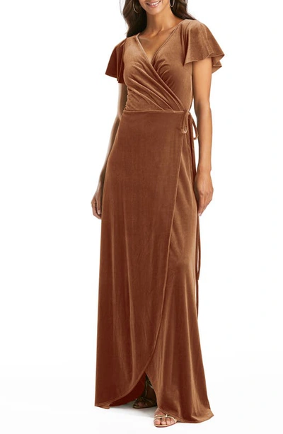 Shop After Six Flutter Sleeve Velvet Wrap Gown In Golden Almond