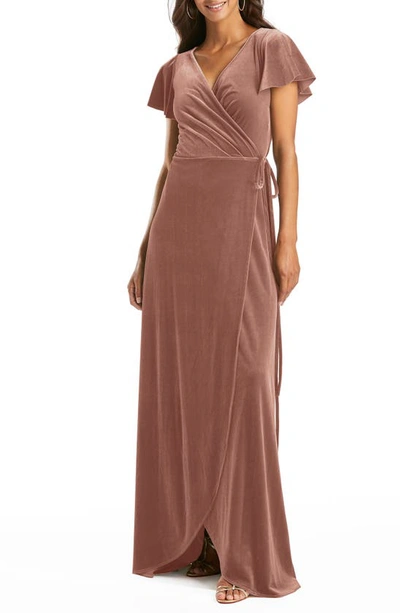 Shop After Six Flutter Sleeve Velvet Wrap Gown In Tawny Rose