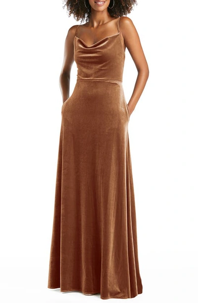 Shop After Six Cowl Neck Velvet Gown In Golden Almond