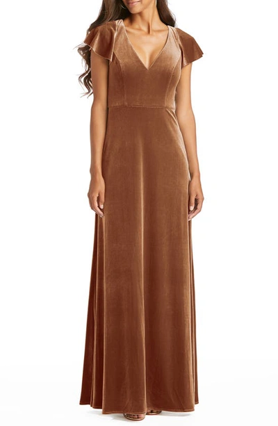 Shop After Six Flutter Sleeve Velvet Gown In Golden Almond