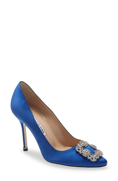 Shop Manolo Blahnik Hangisi Crystal Buckle Pump In Blue Satin Clear/ Buckle