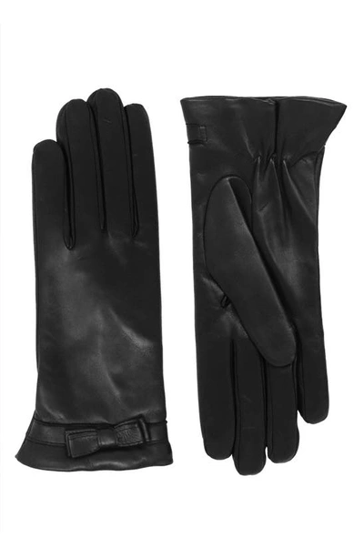 Shop Nicoletta Rosi Bow Cuff Cashmere Lined Lambskin Leather Gloves In Black