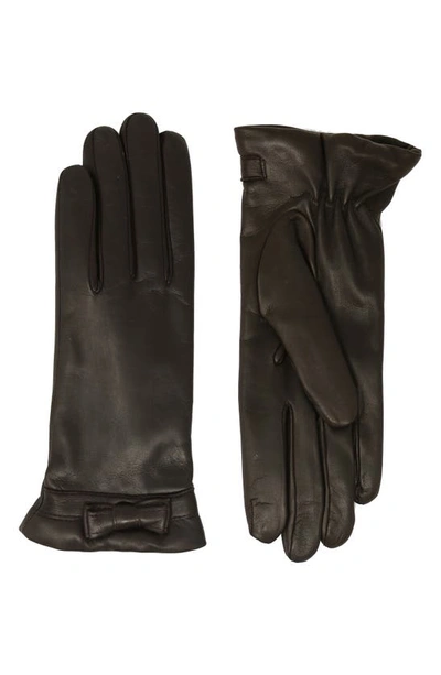 Shop Nicoletta Rosi Bow Cuff Cashmere Lined Lambskin Leather Gloves In Brown