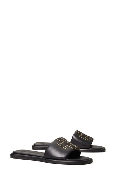 Shop Tory Burch Double-t Leather Sport Slide Sandal In Perfect Black / Gold